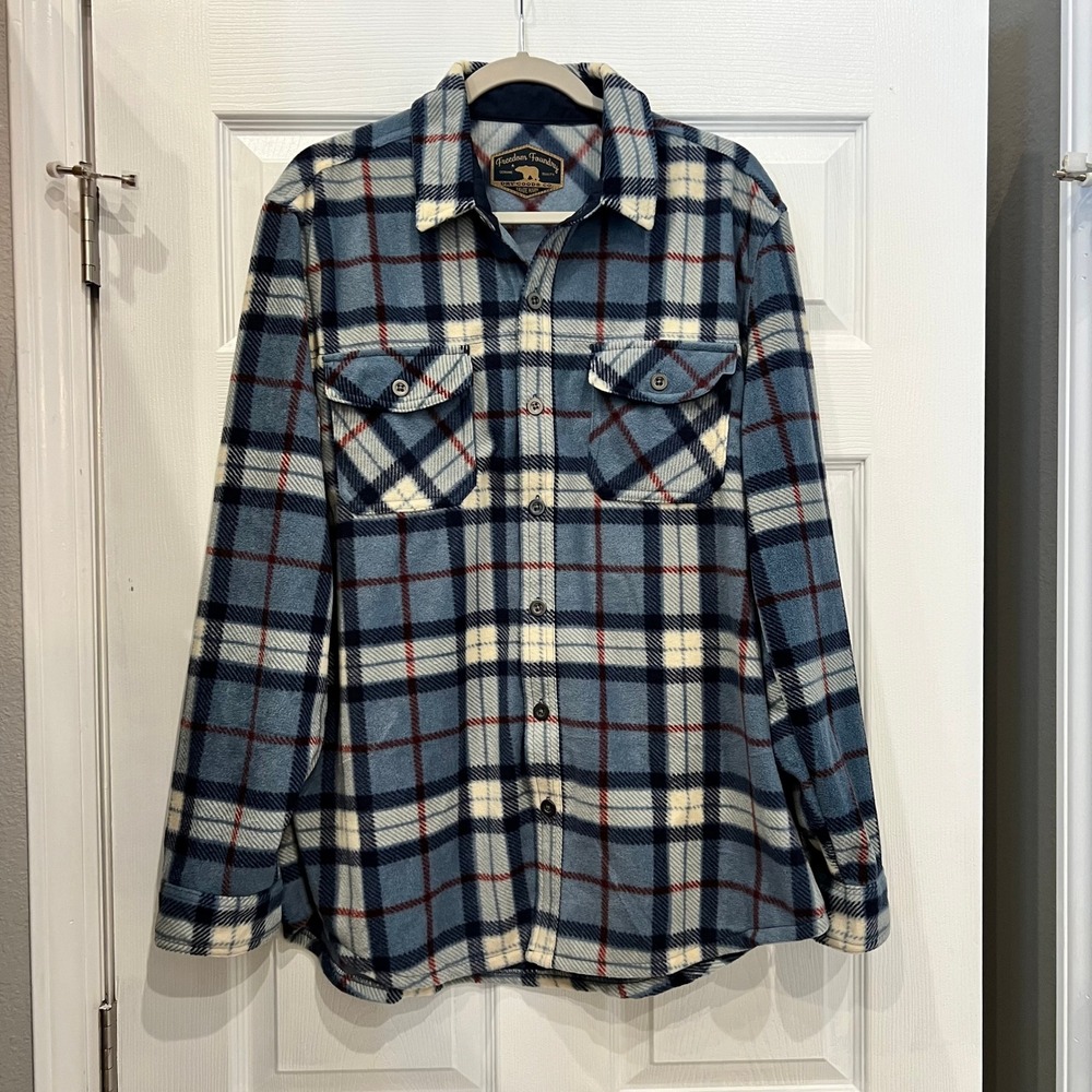 Freedom Foundry Shirt Jacket Polyester Fleece Blue Plaid Outdoors Chore Barn L